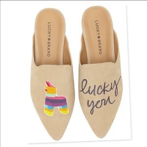 Lucky Embroidered Lucky You Piñata Mules Size 8.5